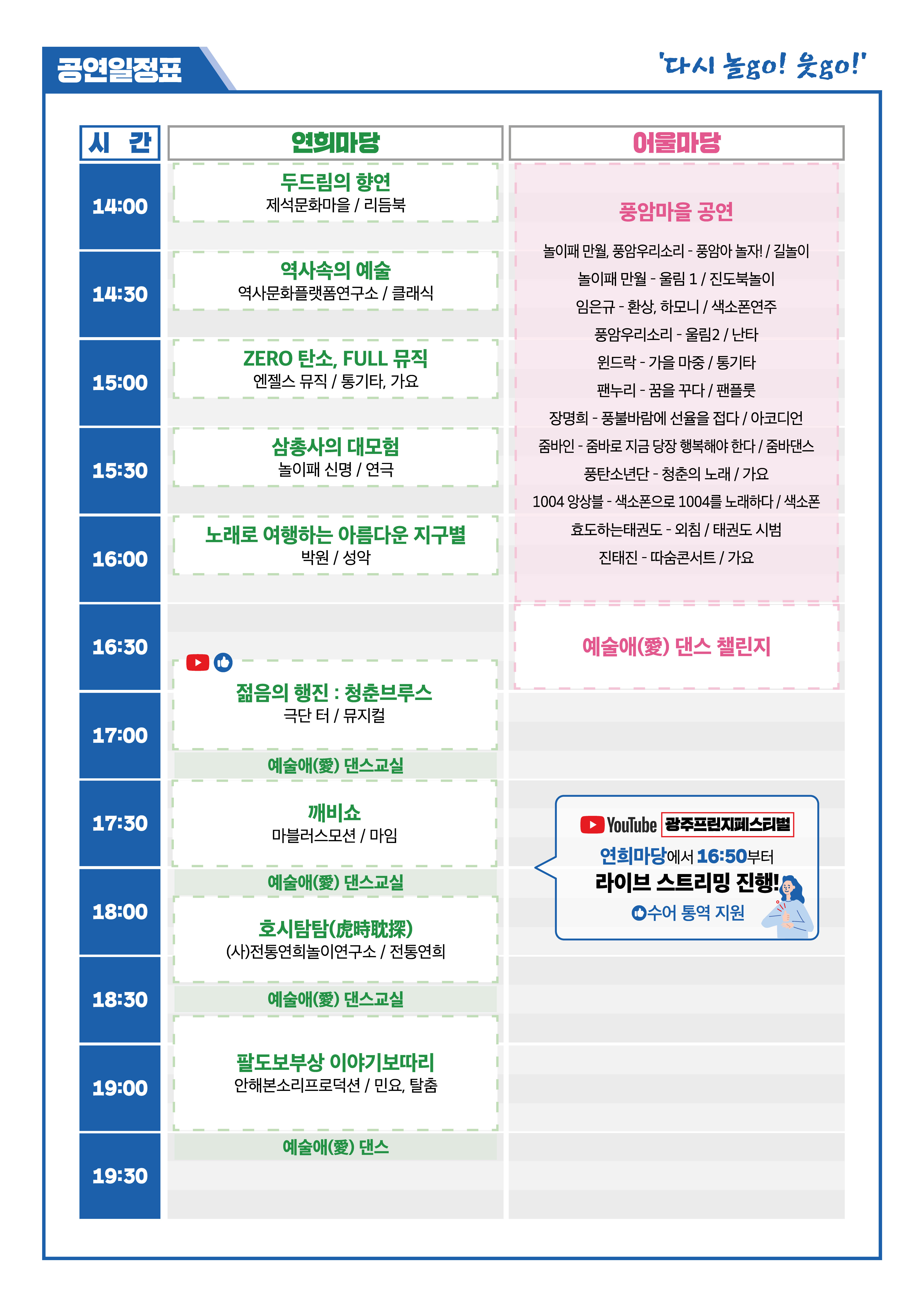 공연일정표 '다시 놀go! 웃go!' 시간 연희마당 14:00 두드림의 향연 제석문화마을 / 리듬북 14:30 역사속의 예술 역사문화플랫폼연구소 / 클래식 15:00 ZERO 탄소, FULL 뮤직 엔젤스 뮤직 / 통기타, 가요 15:30 삼총사의 대모험 놀이패 신명 / 연극 16:00 노래로 여행하는 아름다운 지구별 박원 / 성악 16:30 젊음의 행진: 청춘브루스 극단 터 / 뮤지컬 예술애(愛) 댄스교실 17:30 깨비쇼 마블러스모션 / 마임 18:00 예술애(愛) 댄스교실 호시탐탐(虎時耽探) (사)전통연희놀이연구소 / 전통연희 18:30 예술애(愛) 댄스교실 19:00 팔도보부상 이야기보따리 안해본소리프로덕션 / 민요, 탈춤 19:30 예술애(愛) 댄스 어울마당 14:00 풍암마을 공연 놀이패 만월, 풍암우리소리 - 풍암아 놀자! / 길놀이 놀이패 만월 - 울림 1 / 진도북놀이 임은규 - 환상, 하모니 / 색소폰연주 풍암우리소리 - 울림2 / 난타 윈드락 - 가을 마중 / 통기타 팬누리 - 꿈을 꾸다 / 팬플룻 장명희 - 풍불바람에 선율을 접다 / 아코디언 줌바인 - 줌바로 지금 당장 행복해야 한다 / 줌바댄스 풍탄소년단 - 청춘의 노래 / 가요 1004 앙상블 - 색소폰으로 1004를 노래하다 / 색소폰 효도하는 태권도 - 외침 / 태권도 시범 진태진 - 따숨콘서트 / 가요 16:.30 예술애(愛) 댄스 챌린지 YouTube 광주프린지페스티벌 연희마당에서 16:50부터 라이브 스트리밍 진행! 수어 통역 지원